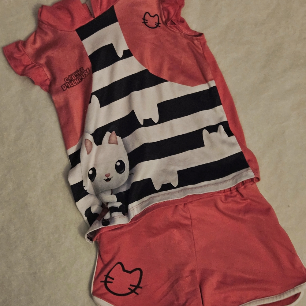 Charming Cat Print Kids Pajama Set - Coral and Black